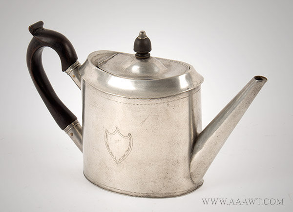 Pewter, Oval Teapot, Israel Trask, Straight Tapered Spout, Bright Cut Engraved
Beverly, Massachusetts (1807 to 1856) Circa 1813, entire view